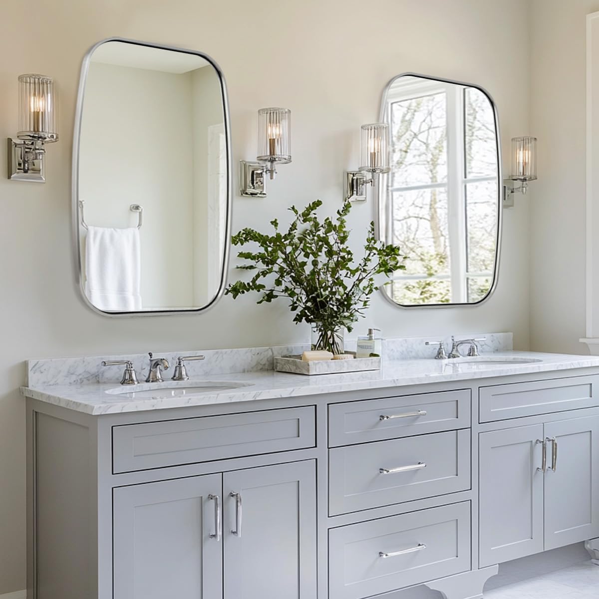 ANDY STAR Brushed Nickel Oval Bathroom Mirror for Over Sink, 24x36 Inch Bathroom Vanity Mirror with Unique Oblong Rounded Corner Tube Metal Frame-Modern Design with Anti-Rust Stainless Steel Frame