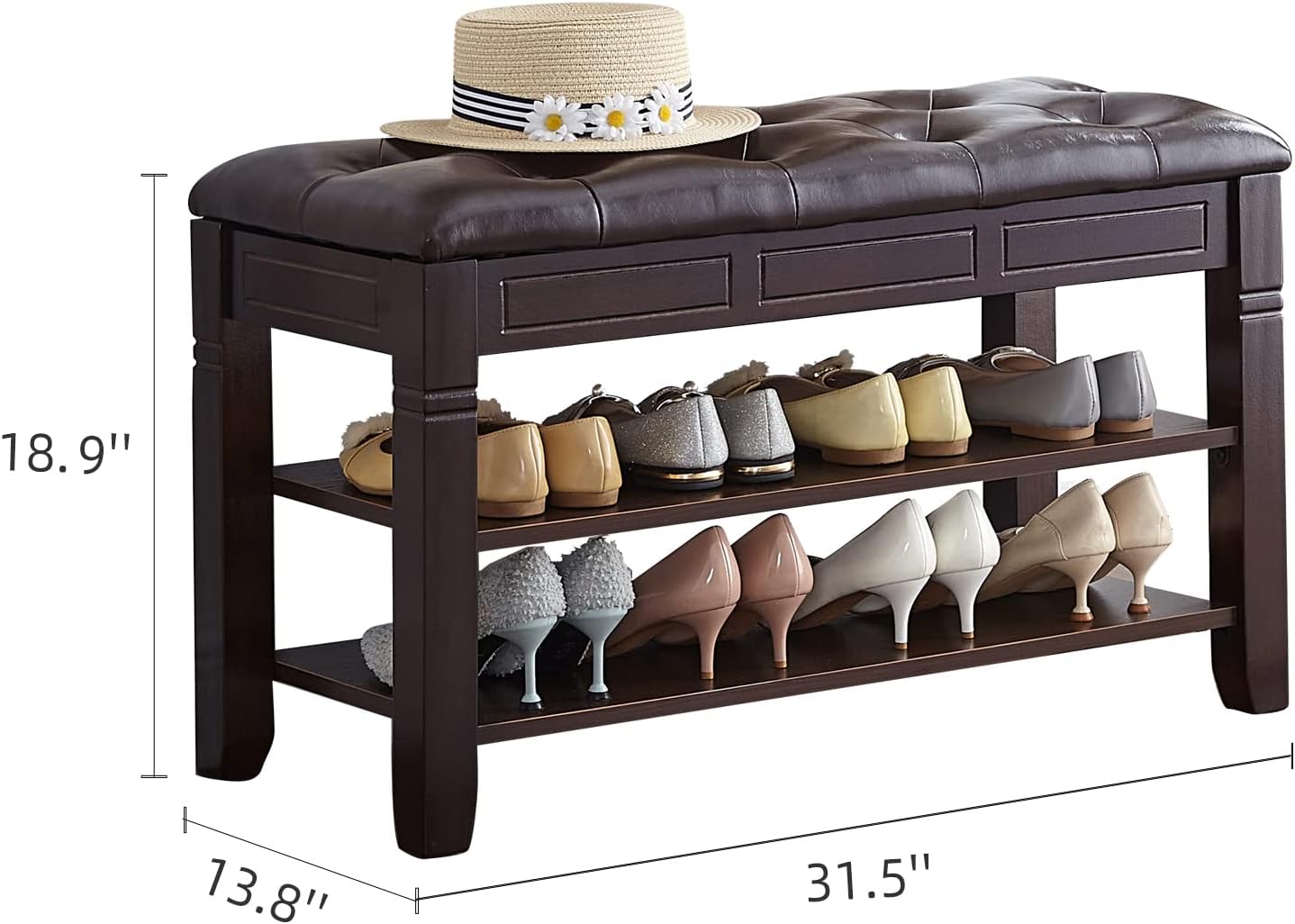 Shoe Storage Bench, Entryway Shoe Rack with Fiberleather Seat 2-Tier Lift Top Organizer Wooden Shoe Bench for Entryway Hallway Living Room (Dark Brown 31.5x13.8x18.9'')