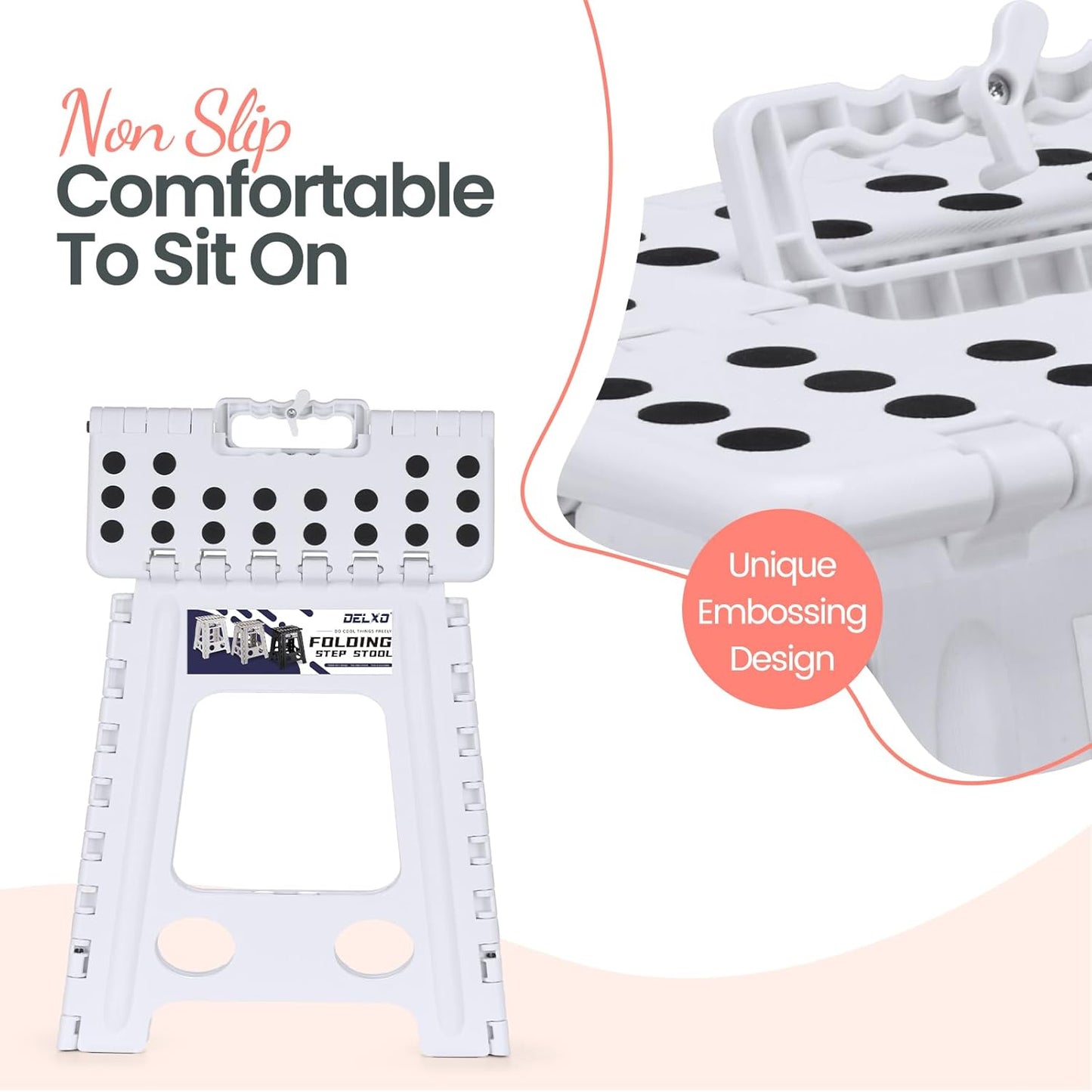 Delxo 16 Inch Folding Step Stool, White Step Stools Foldable,Portable Collapsible Step Stool with Handle, Folding Stool for Kitchen Bathroom,Bedroom,Garden