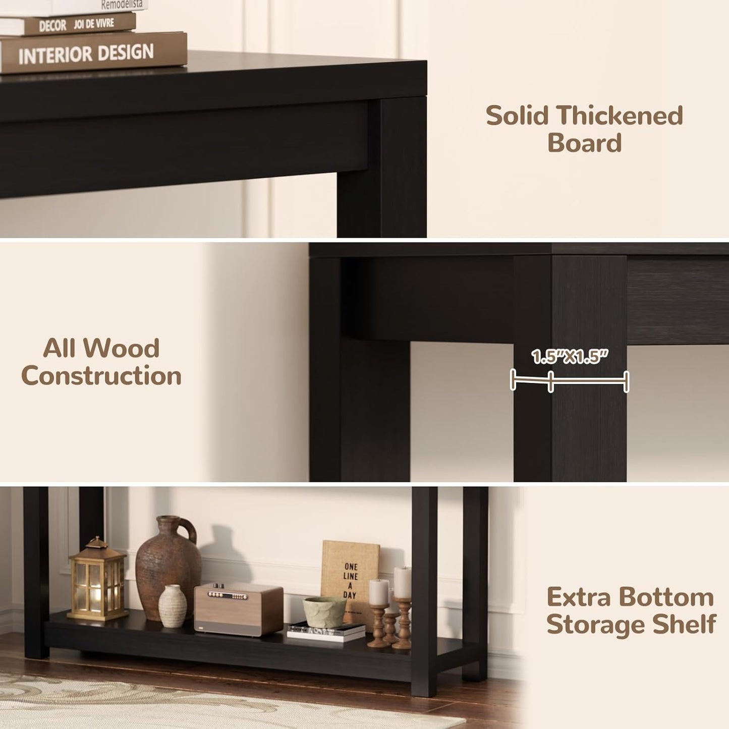 47" Farmhouse Wood Entryway Table Narrow Console Table with Storage Behind Couch Sofa Table with Shelves for Entry Way with Open Storage, Easy Assembly, Embossed Wood Grain Black