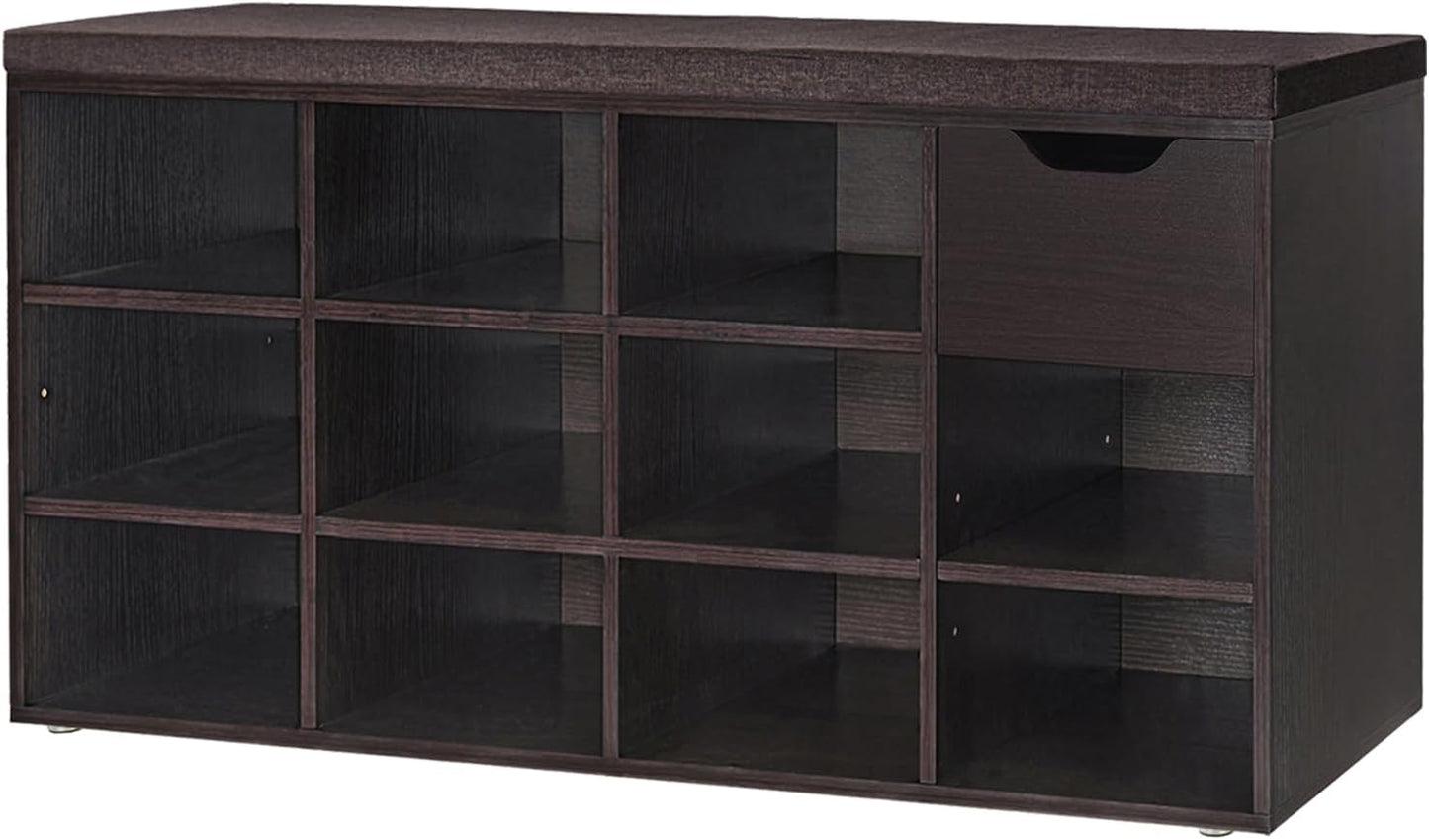 DINZI LVJ Shoe Bench, Entryway Storage Bench with Drawer and 11 Cubbies, Cubby Shoe Rack with Adjustable Shelves, Shoe Organizer Cabinet for Living Room, Bedroom, Mudroom, Closet and Garage, Espresso