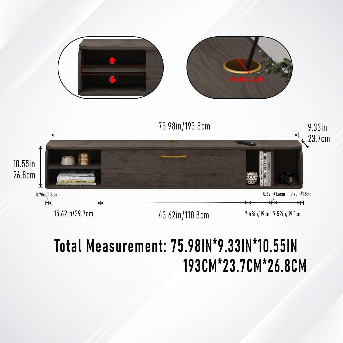 Floating TV Unit, 76'' Wall Mounted TV Cabinet, Floating Shelves with 4 Cabinets, Wood Entertainment Media Console Center Large Storage TV Bench for Living Room & Office (75.98IN, Dark Grey)