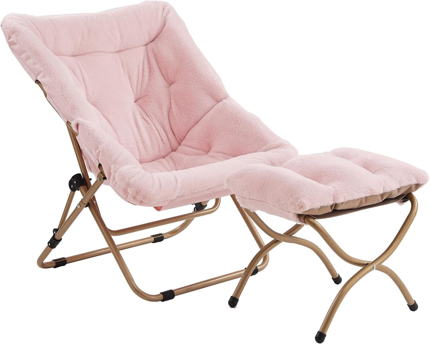 Tiita Folded Chair with Ottoman, Soft Faux Fur Oversized Folding Accent Chair,Lounge Lazy Chair, Metal Frame Moon Chair for Bedroom, Living Room, Dorm Rooms, Garden and Courtyard