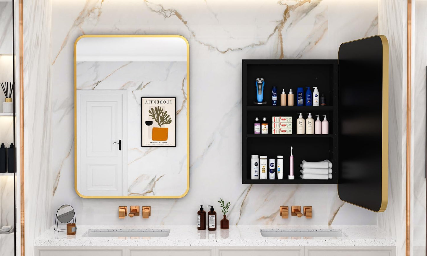 24x30 Inch Bathroom Medicine Cabinet with Mirror Gold Metal Framed Recessed or Surface Wall Mounted Mirrored Medicine Cabinets for Bathroom