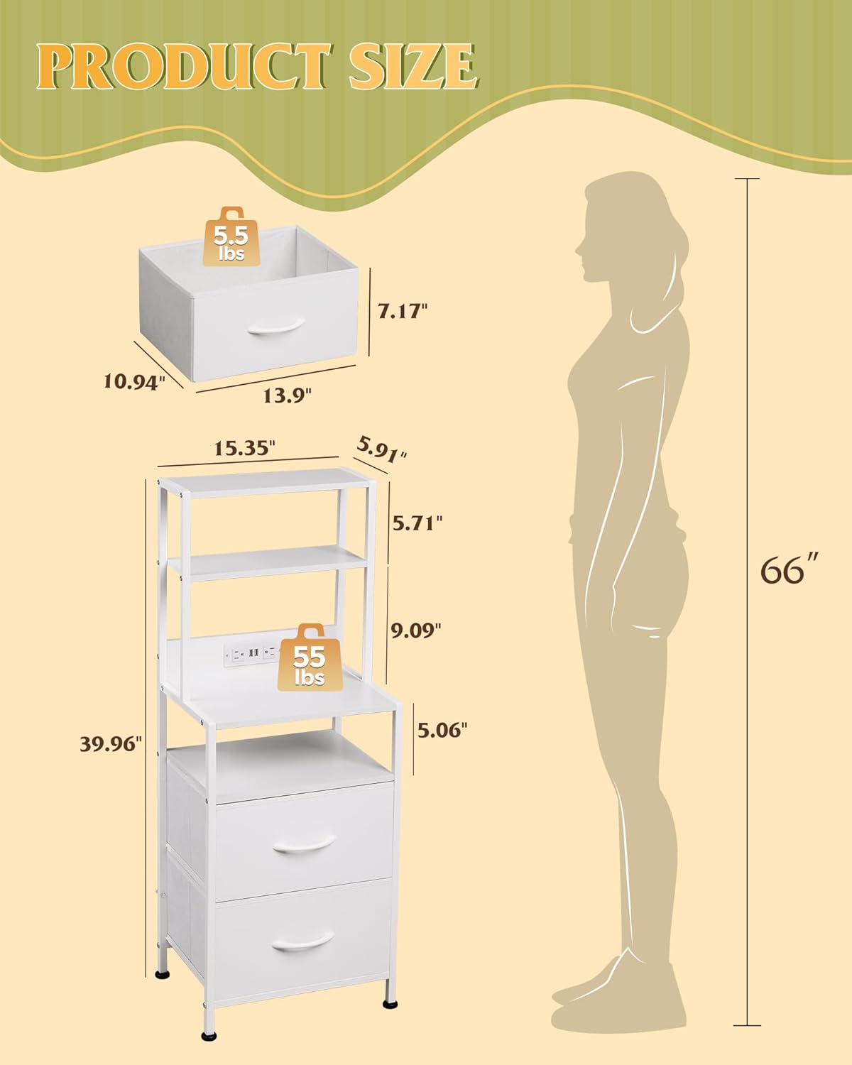 WLIVE Nightstand Set of 2 with Charging Station, LED Night Stands with 2 Fabric Drawers and 4 Storage Open Shelves, Bedside Table Sets for Bedroom, White