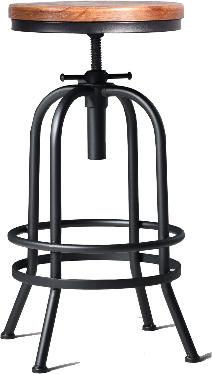 Diwhy Industrial Bar Stool-26-32 Inch Adjustable Swivel Metal Wood Seat Stool Bar Height Bar Stool with Footrest-for Kitchen, Dining Side Chair, Pub, Bistro, Set of 2, Black