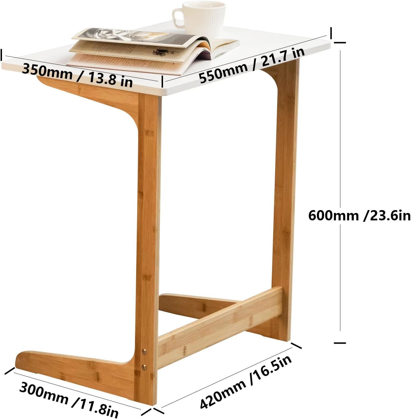 Forevich Bamboo Modern Tv Trays Table for Eating, Wood Couch Table End Snack Desk Sofa Side Table L Shaped White