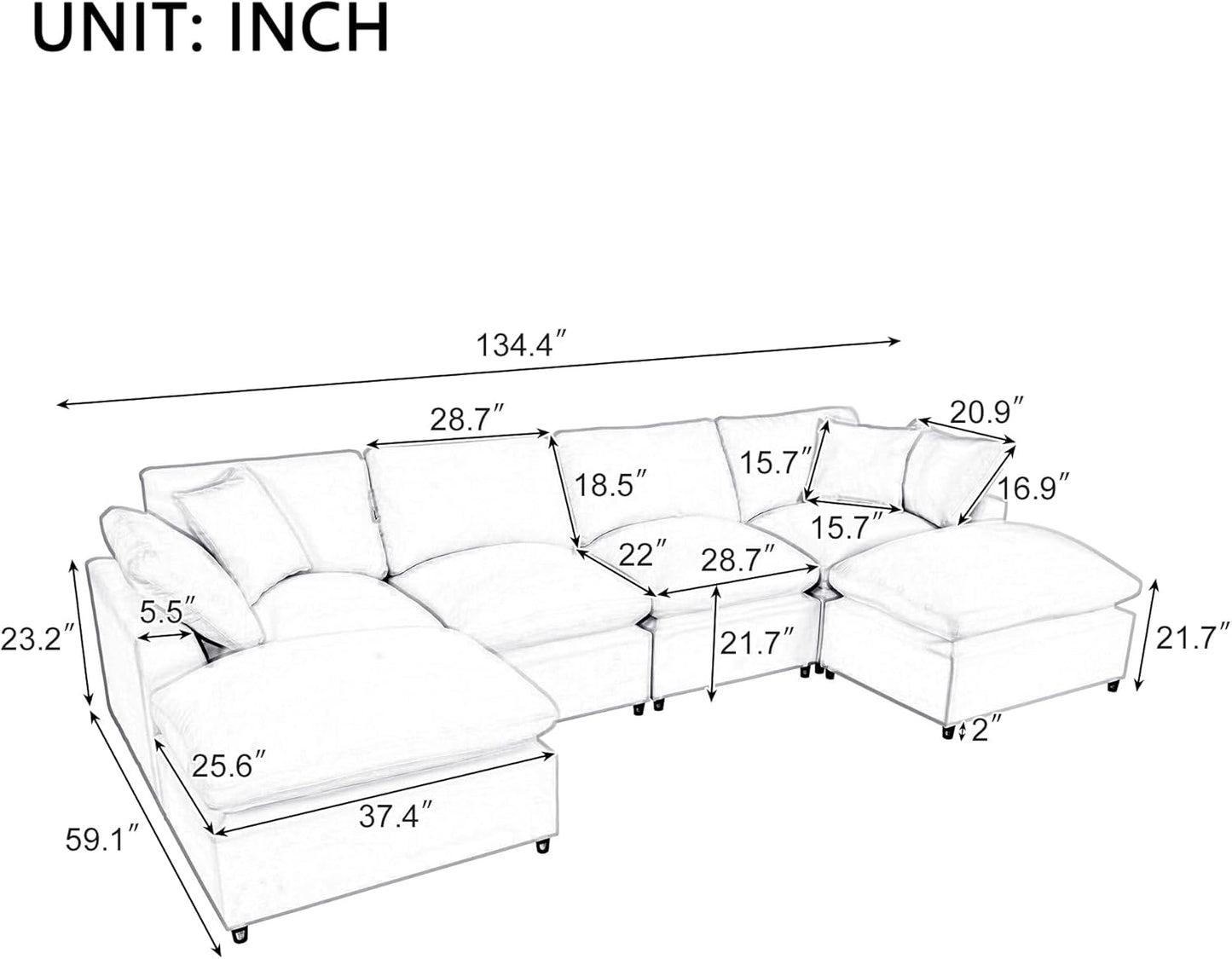134.4 Inch U-Shaped Oversized Upholstered Sectional Sofa with Removable Ottomans, Large 6 Seater Modular Combination Corner Couch for Living Room, Office, Spacious Space, Beige
