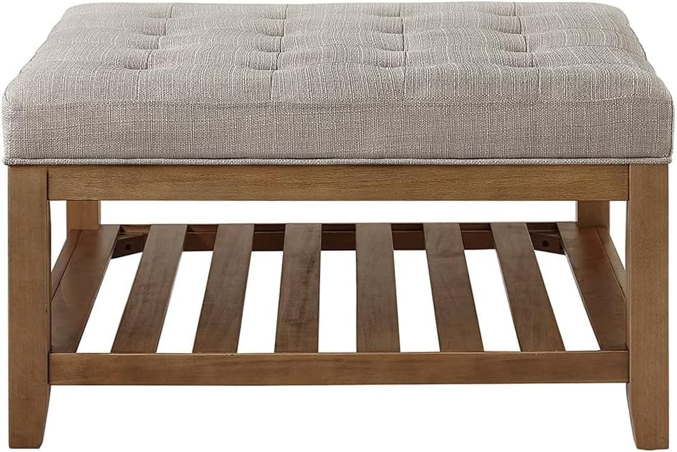 24KF Large Square Upholstered Tufted Linen Ottoman Coffee Table, Large Footrest Ottoman with Solid Wood Shelf-Linen