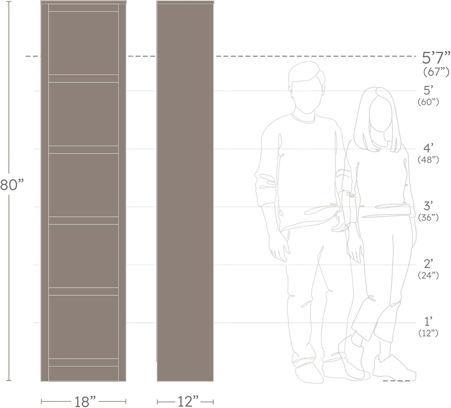 Prepac Moda 80" Tall 5-Tier Narrow Bookcase in White, Modern Storage Accent Bookshelf with 3 Adjustable Shelves for Home, Office, Living Room, Bedroom