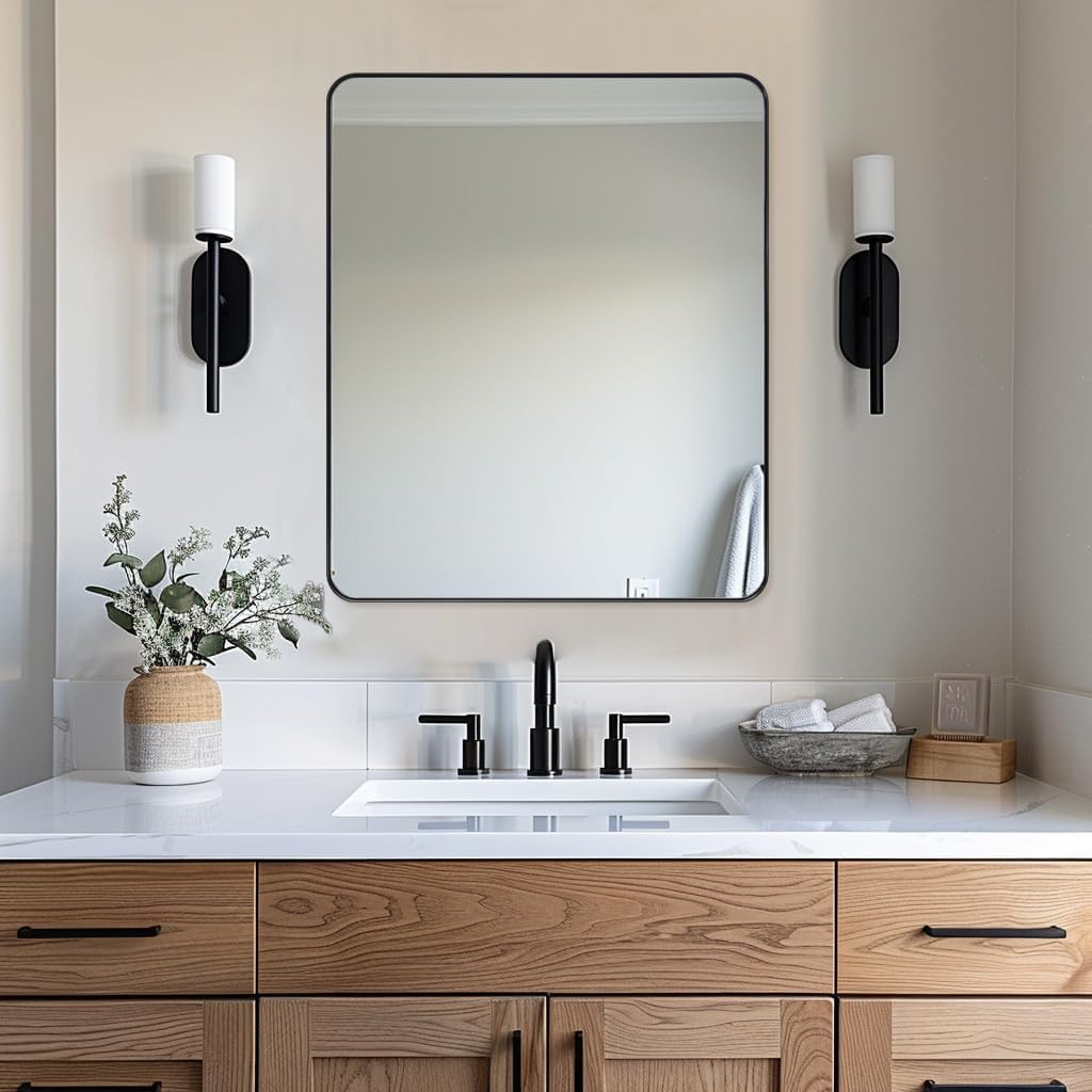 ANDY STAR Wall Mirror for Bathroom, 30x36 Matte Black Bathroom Mirror, Modern Stainless Steel Metal Frame Rounded Corner Rectangle Mirror for Vanity