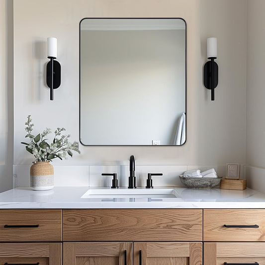 ANDY STAR Wall Mirror for Bathroom, 30x36 Matte Black Bathroom Mirror, Modern Stainless Steel Metal Frame Rounded Corner Rectangle Mirror for Vanity