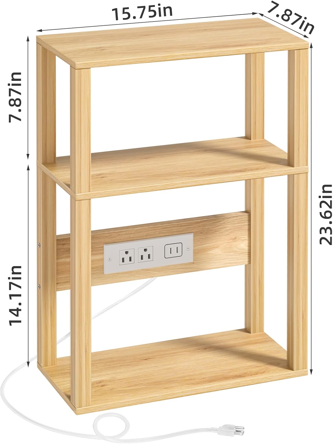 3 Tier Small Narrow Bamboo Side Table Set of 2 with Charging Station - Skinny Nightstand for Small Spaces, Slim Bedside Table with USB Ports and Outlets - Thin End Table with Storage, Natural