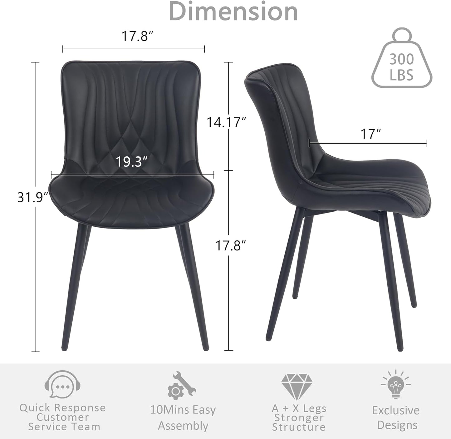 Kidol & Shellder Black Dining Chairs Set of 2,Faux Leather Upholstered Mid Century Modern Kitchen&Dining Room Chair with Back,Ergonomic Armless Vanity&Living Room Chair with Metal Legs