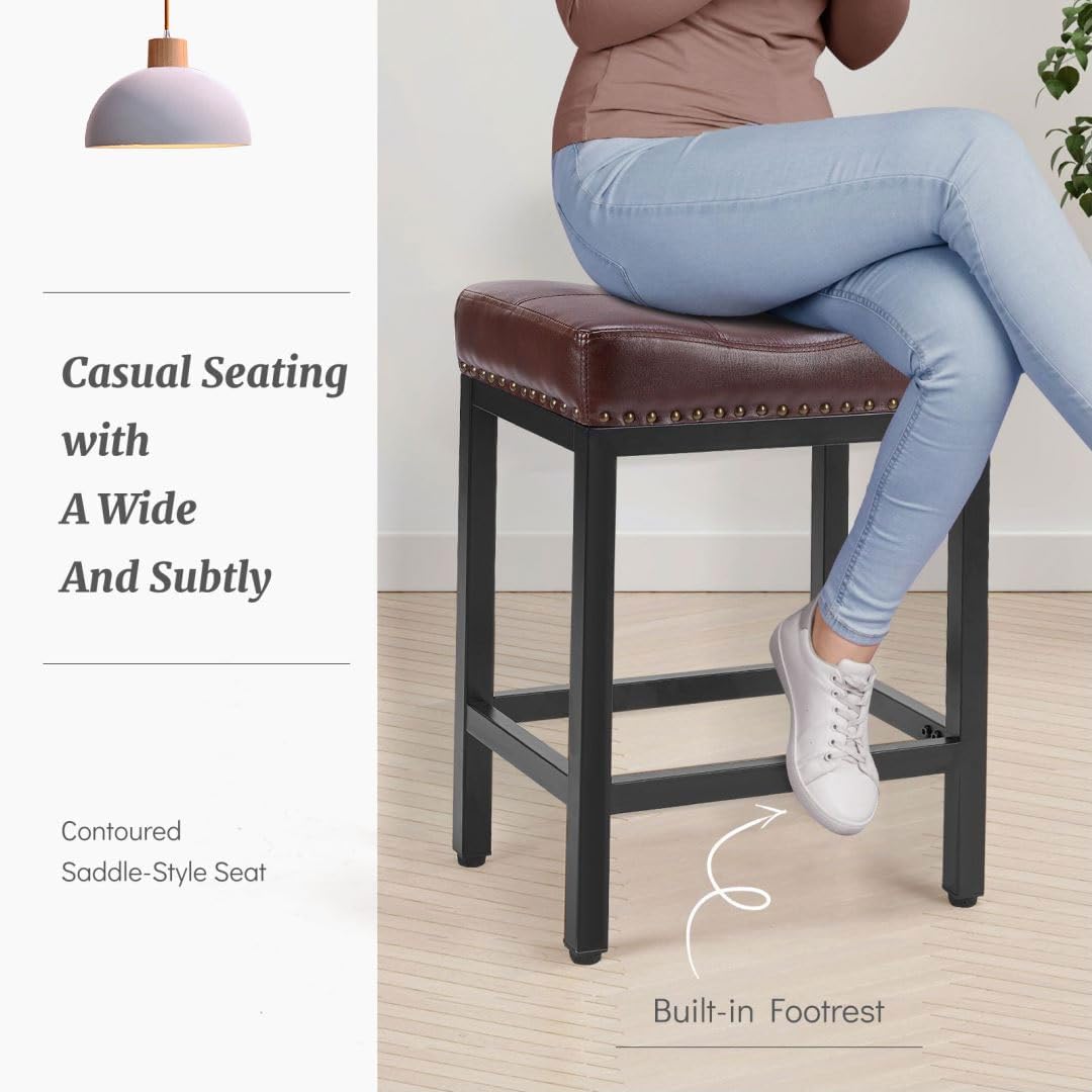 Counter Stools Set of 2 Upholstered Counter Height Bar Stools with Padded Seats and Metal Base, Leather Saddle Stool for Modern Kitchen Island, 22.4-Inch, Brown