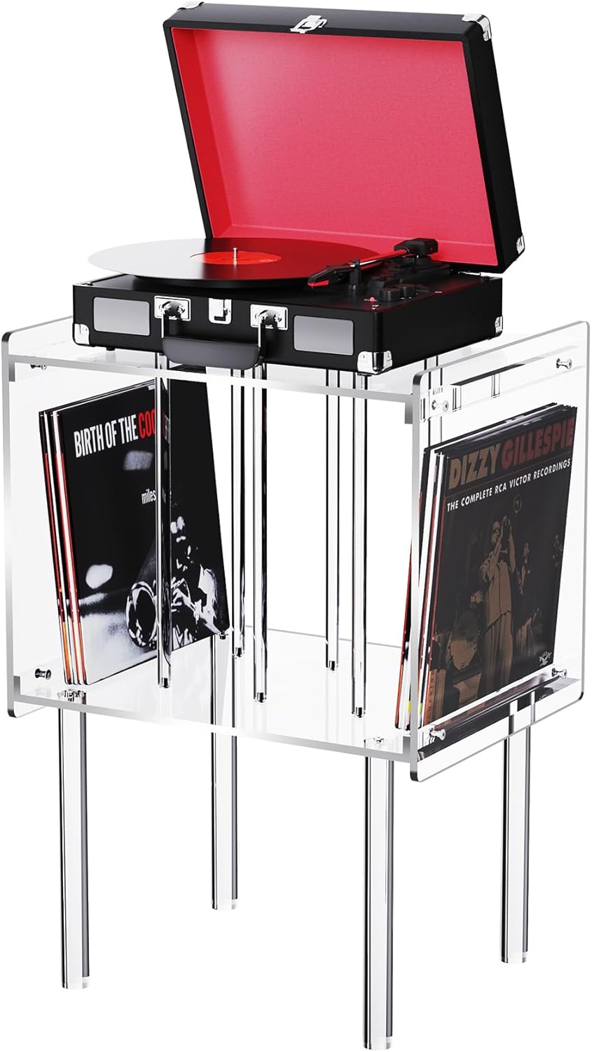 Acrylic Record Player Stand, with Vinyl Storage, Clear Acrylic Side Table (Clear)