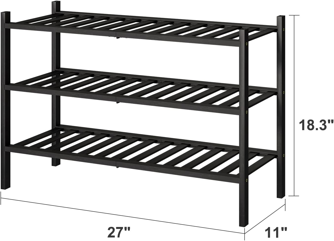 3-Tier Black Bamboo Shoe Rack for Entryway, Stackable | Foldable | Natural, Shoe Shelf Storage Organizer for Hallway Closet, Free Standing Shoe Racks for Indoor Outdoor