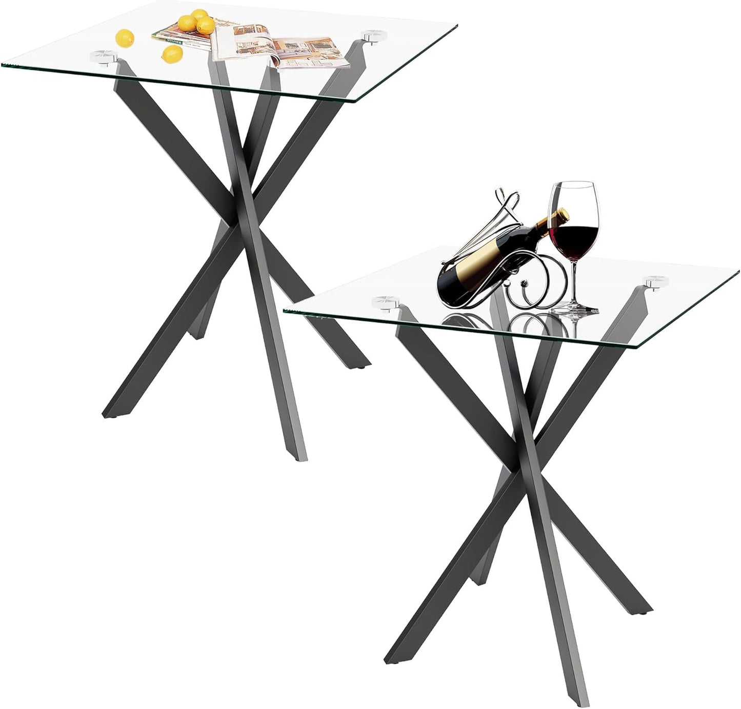 Side Table Set of 2, Modern Stylish End Tables with Tempered Glass Top and Black Metal Legs,Durable Sofa Side Tables for Living Room Bedroom