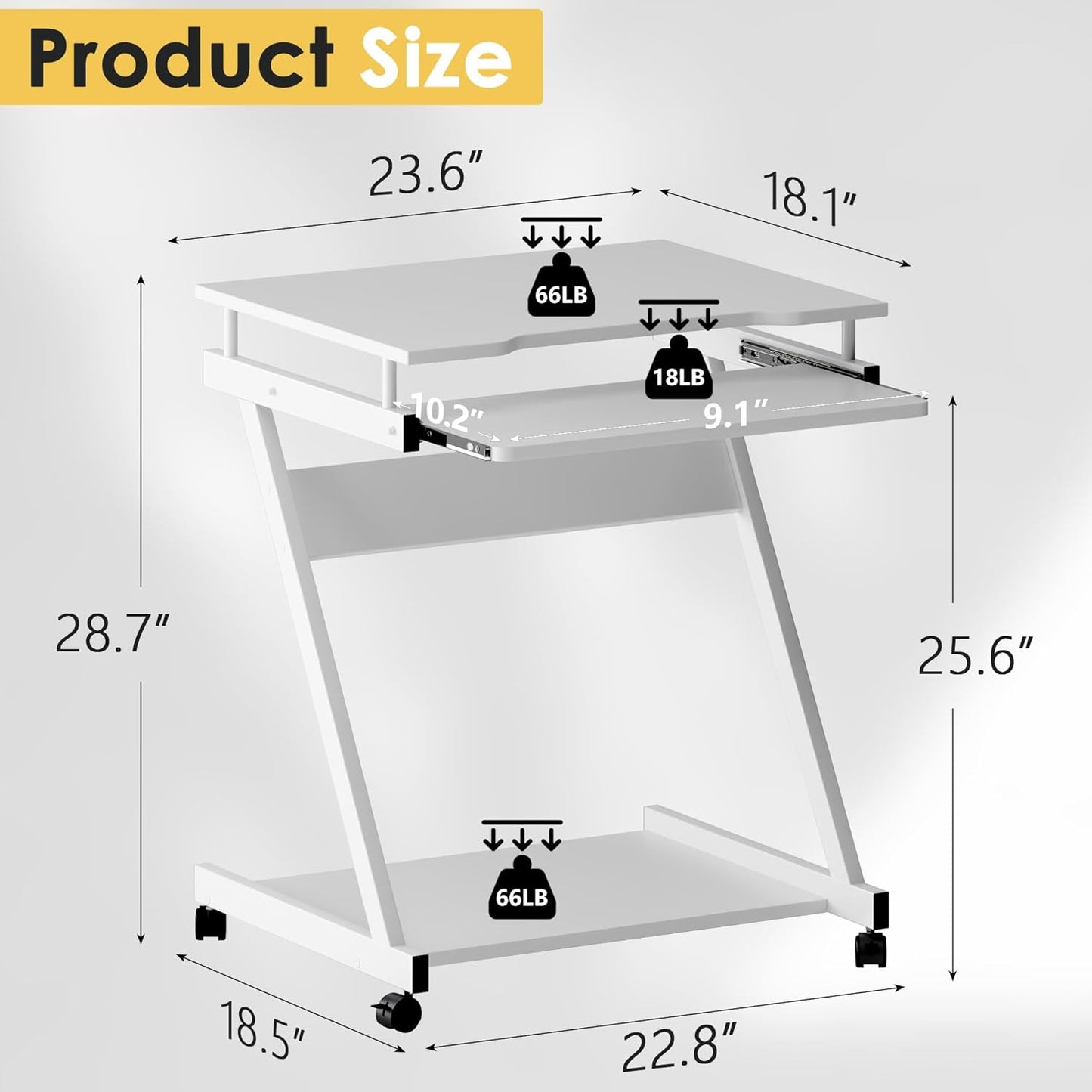 soges Small Rolling Computer Desk, Z Shape Laptop Desk Cart on Wheels, Mobile Computer Workstation for Home and Office with Keyboard Tray, White