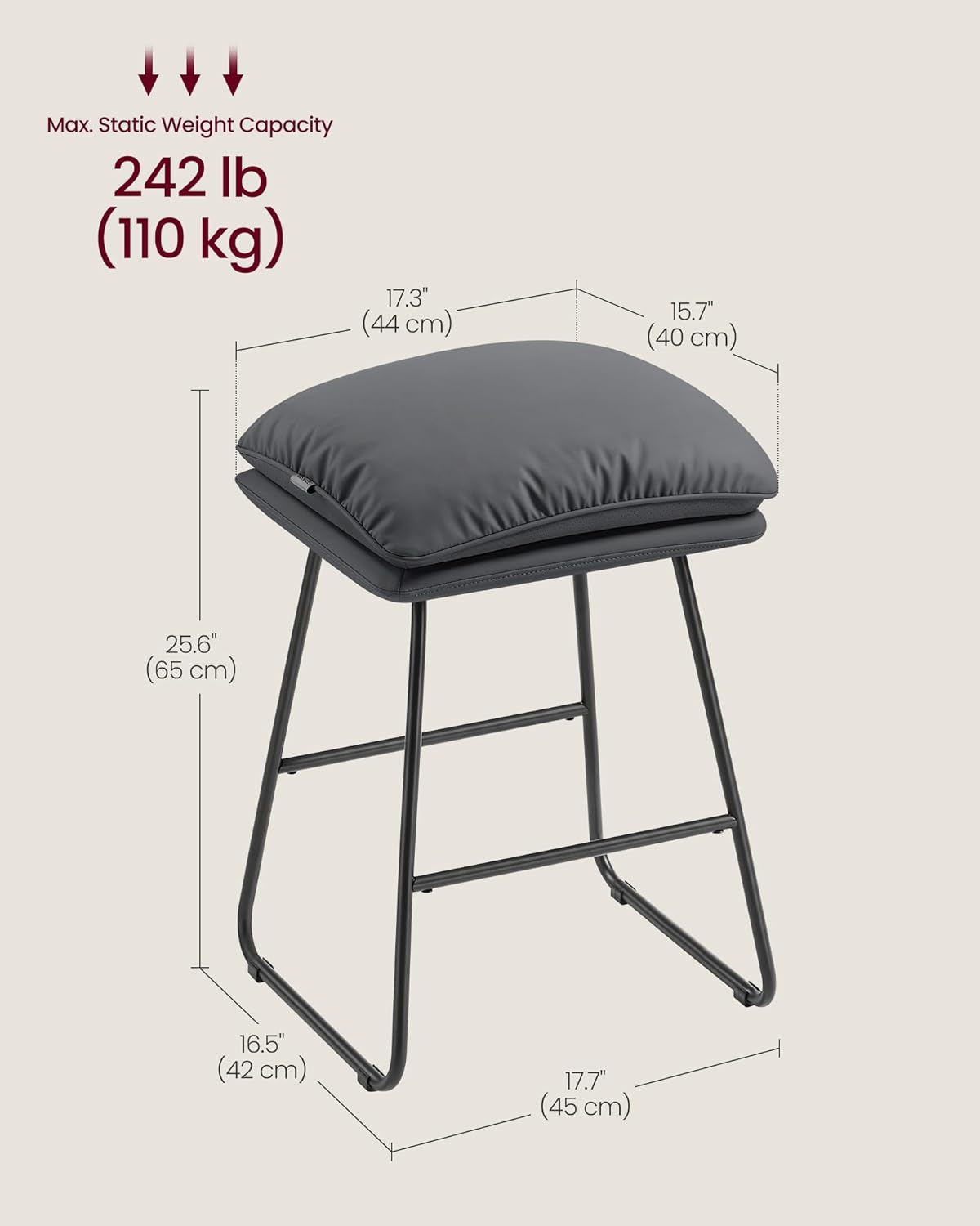 VASAGLE Bar Stools Set of 2, Counter Height Bar Stools, Leather Counter Stools Barstools with Soft Cushion and Metal Sled Legs, 25.6 Inches Bar Height Bar Chairs for Kitchen Island, Slate Gray