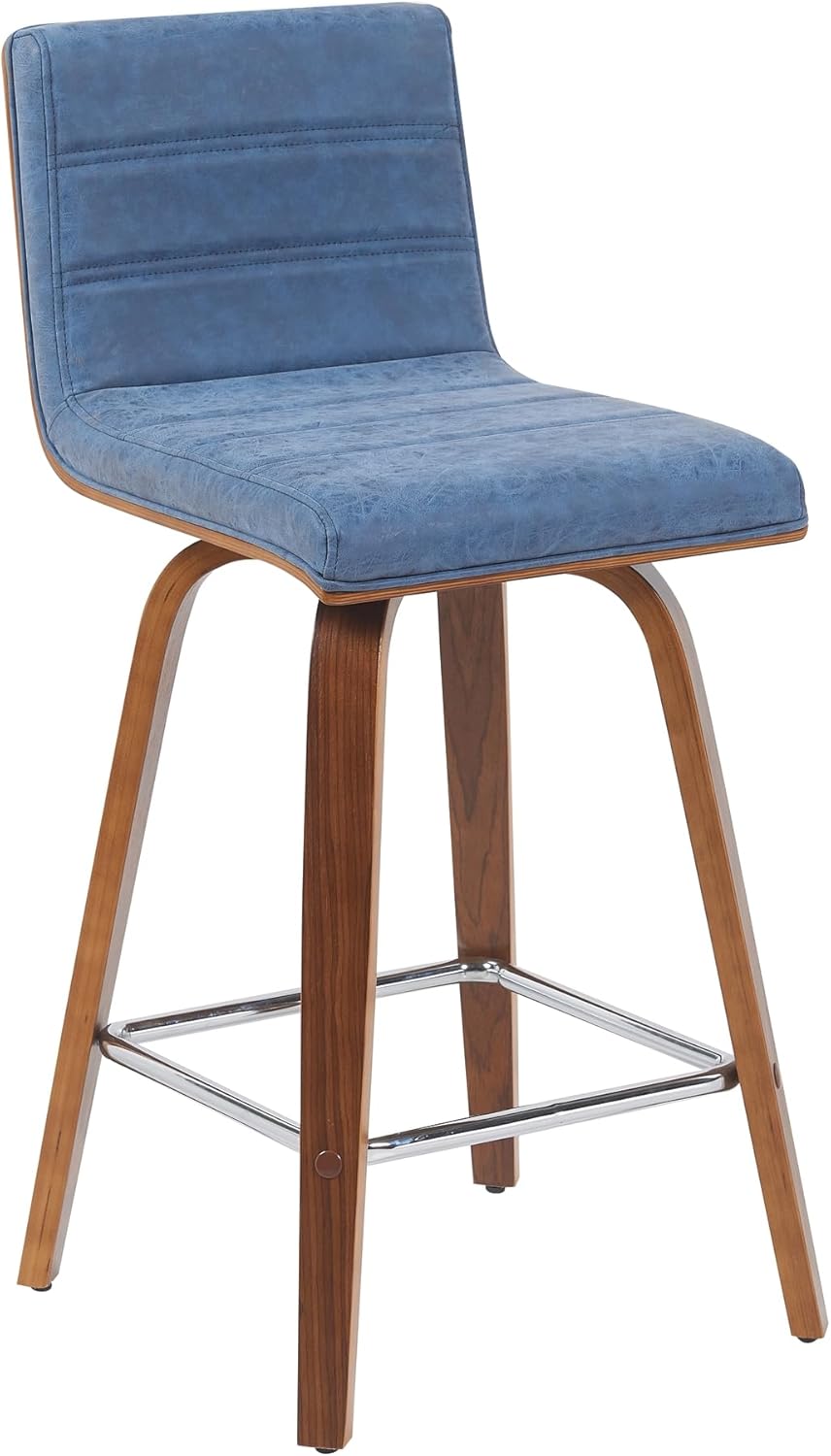 Vienna Modern Counter Height Swivel Bar Stool with Vintage Blue Upholstered Seat and Walnut Finished Wood Frame Set of 4