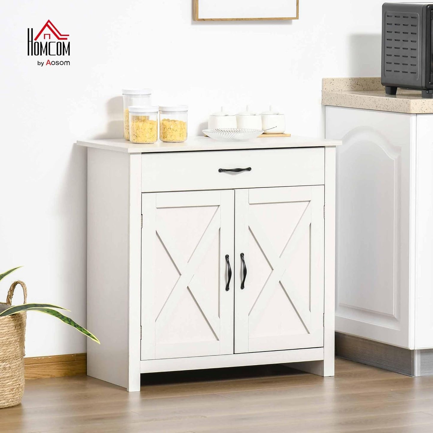 HOMCOM Farmhouse Sideboard Buffet Cabinet, Barn Door Coffee Bar Cabinet with Drawer and Adjustable Shelf, for Living Room, Entryway, White Wash