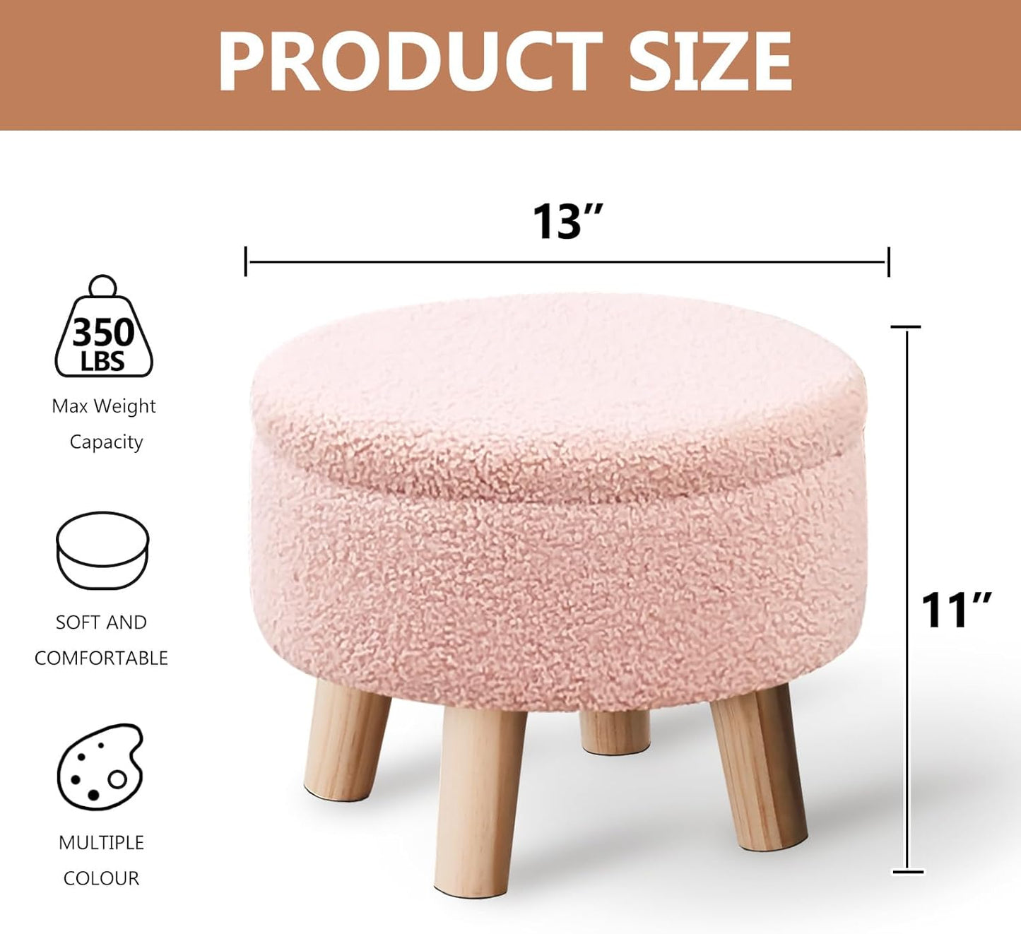 Wimarsbon Storage Ottoman, Modern Round Footrest with Soft Padded Seat, Teddy Velvet Footstool with Wood Legs, Accent Small Table or Plant Stand for Hallway, Living Room (Pink)