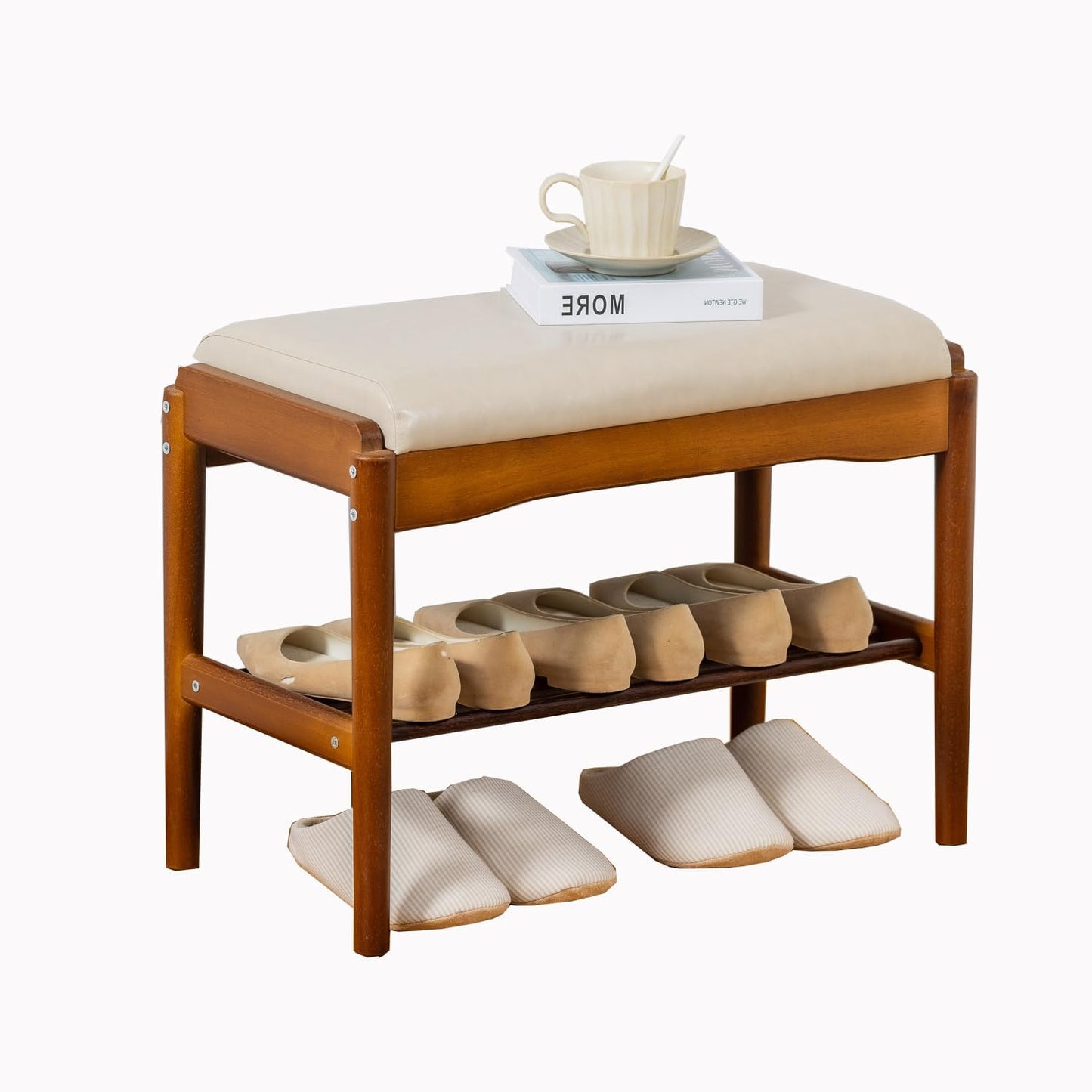 latifolia Small Shoe Bench, Solid Wood Bench with Cushion, 2 Tier Shoe Storage Organizer for Entryway(Walnut,23.62''L)