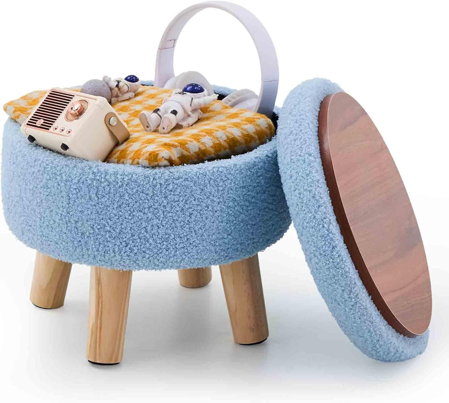 Wimarsbon Storage Ottoman, Modern Round Footrest with Soft Padded Seat, Teddy Velvet Footstool with Wood Legs, Accent Small Table or Plant Stand for Hallway, Living Room (Blue)