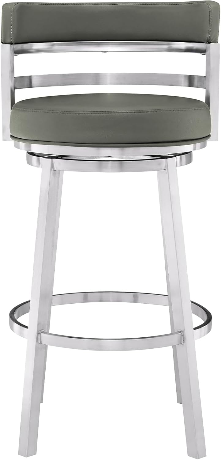 Armen Living Madrid 26" Counter Height Swivel Modern Gray Faux Leather and Brushed Stainless Steel Bar Stool for Kitchen Island Counter