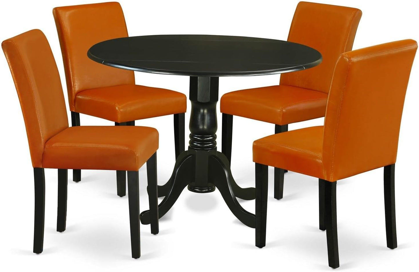 East West Furniture DLAB5-BLK-61 5 Piece Kitchen Table Set for 4 Includes a Round Dining Room Table with Dropleaf and 4 Baked Bean Faux Leather Parson Dining Chairs, 42x42 Inch, Black