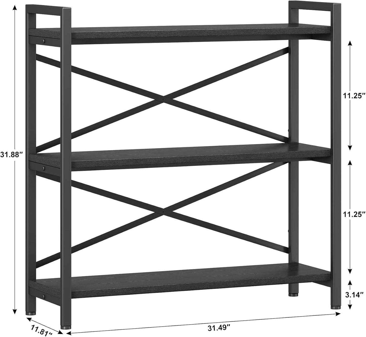 Homeiju 3 Tier Bookshelf 31.49" Width, Wood and Metal Etagere Bookcase, Vintage Farmhouse Modern Wooden Big Book Shelf for Home Living Room Bedroom Office Storage(Black)