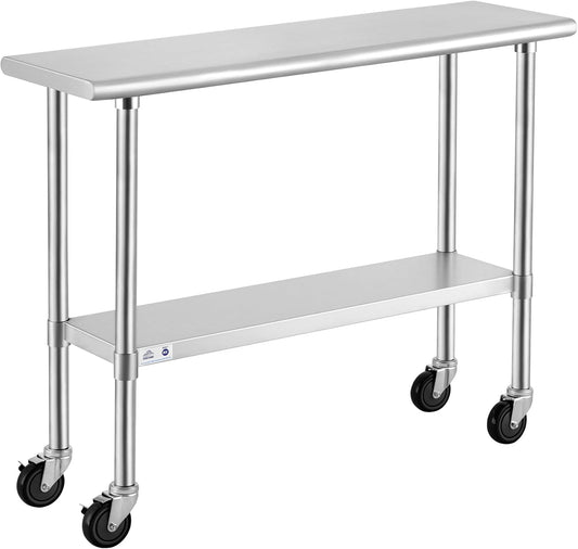 ROCKPOINT Stainless Steel Table for Prep & Work with Caster Wheels 14x48 Inches, NSF Metal Commercial Kitchen Heavy Duty Table with Adjustable Under Shelf and Table Foot for Restaurant, Home and Hotel
