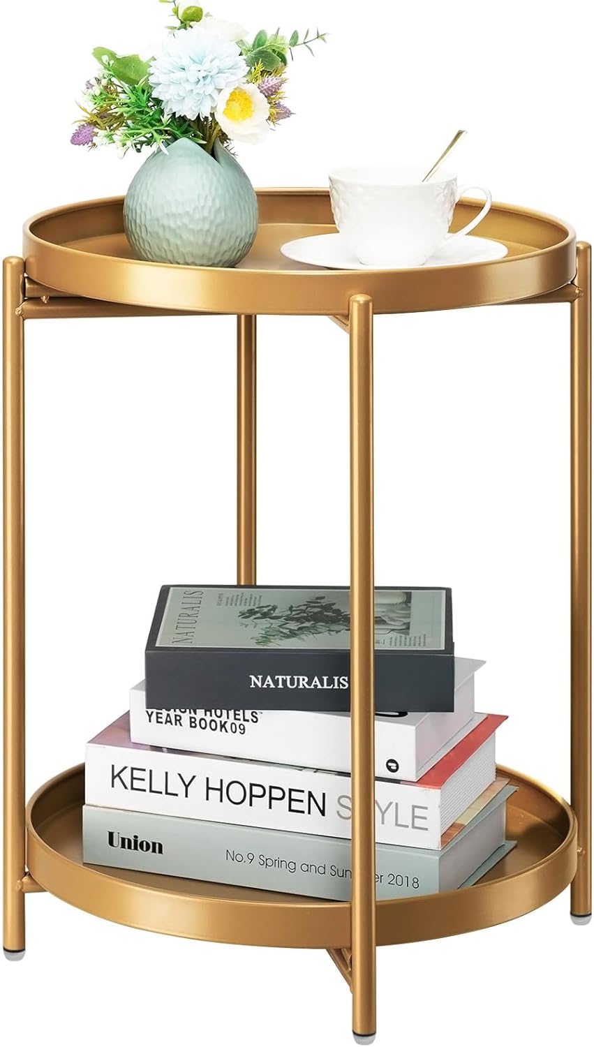 danpinera 2-Tier End Table, Outdoor Side Table Metal Round Side Table with Removable Tray, Small Folding Accent Table, Anti-Rust Nightstand for Bedroom Balcony Patio Living Room (Gold)