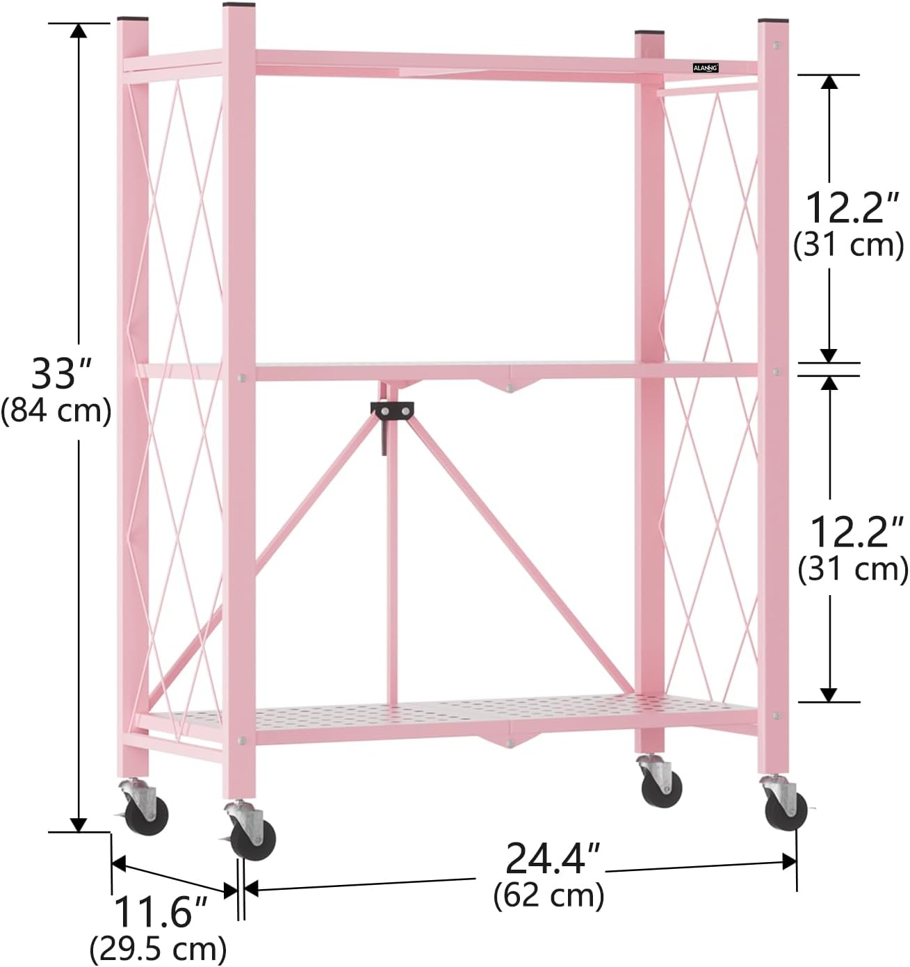 ALANNG Storage Shelves with Wheels, Bookshelf with Storage, No Assembly Metal Rack Shelf for Kitchen, Office, Laundry, Garage (3 Tier, Pink)