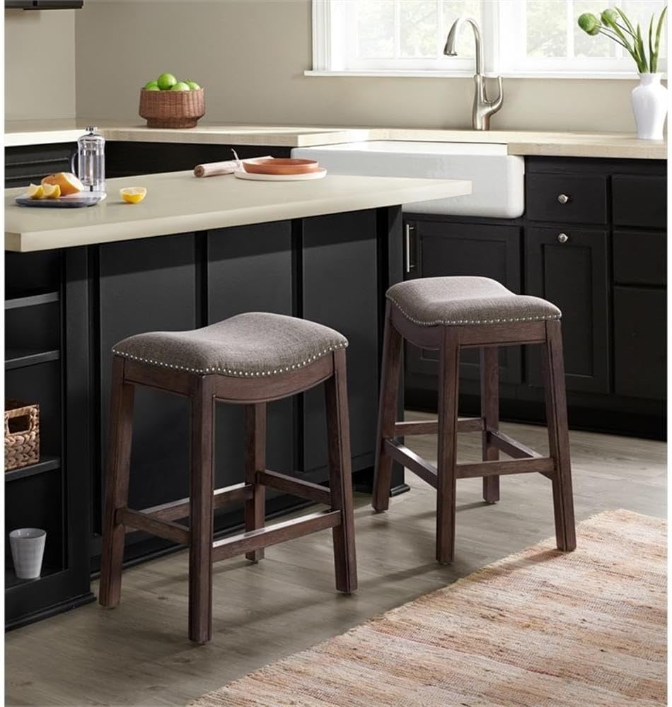 Williston Dark Brown Wood Counter Height Stool Set of 2, 18.25 in. W Seat with Linen-Like Fabric & Silver Satin Nail Heads, Kitchen Furniture Bar Stools w/Solid Rubberwood Frame & Metal Kick Plate