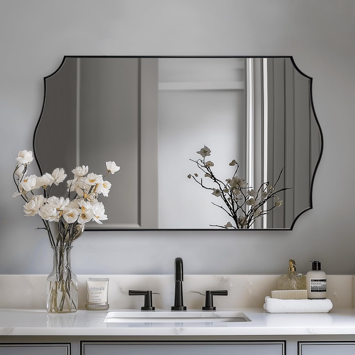 24x40 Black Mirror, Asymmetrical Vanity Mirror, Irregular Wall Mirror for Bathroom, Modern Mirror Wall Mounted Metal Framed for Bathroom, Bedroom, Living Room, Mantel