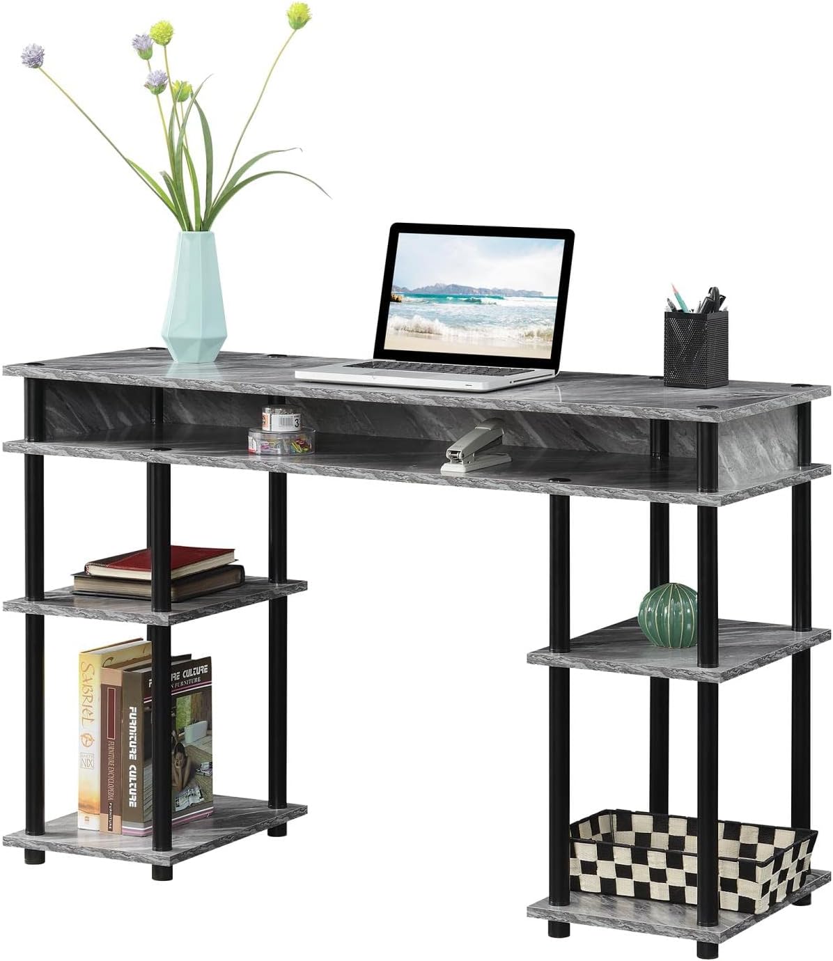 Convenience Concepts Designs2Go No Tools Desk Home Office Desk with Shelves, Corner Shelf Vanity Desk Computer Desk Nail Table for Nail Tech - 47.25" L x 15.75" W x 30" H, Gray Marble/Black