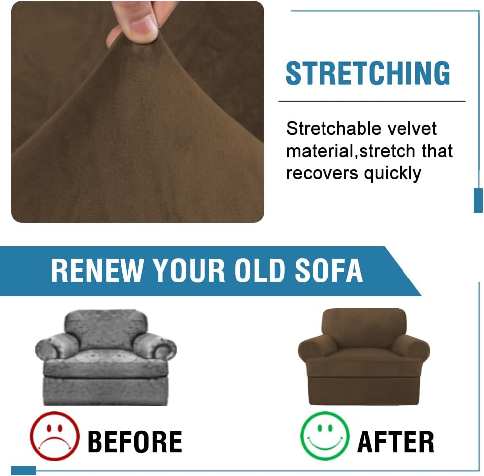 H.VERSAILTEX Sofa Cover 2 Piece T Cushion Armchair Slipcovers Thick Velvet Couch Cover Stretch T Cushion Sofa Covers for 1 Cushion Couch with 1 Individual T Cushion Covers, Bronze Brown