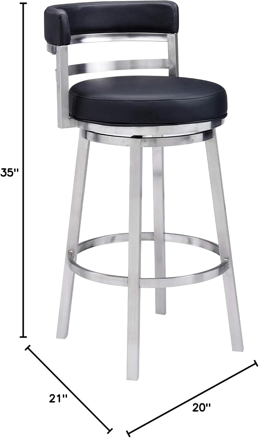 Armen Living Madrid 26" Seat Height Swivel Modern Black Faux Leather and Brushed Stainless Steel Bar Stool for Kitchen Island Counter