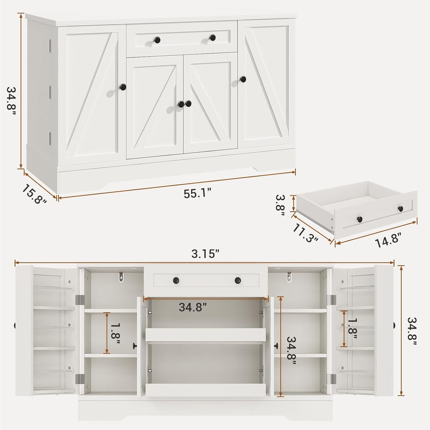 55" Buffet Cabinet with Storage, Kitchen Buffet Sideboard with Pull-Out Shelves and Drawer, Wood Farmhouse Coffee Bar Cabinet with 4 Adjustable Shelves, Kitchen Pantry for Living Room, White