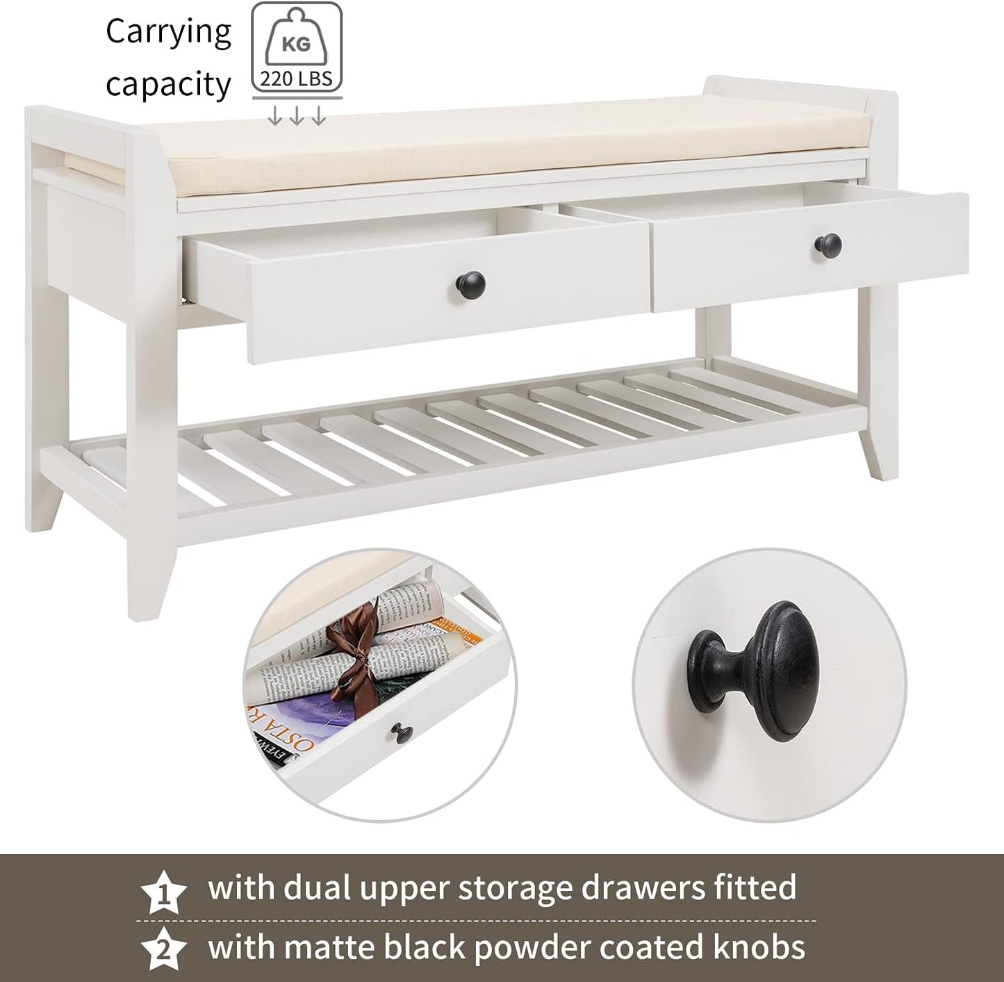 39″ Storage Bench with Cushioned Seat and Drawers,Multipurpose Wooden Entryway Ottoman,Hidden Compartment Organizing Shoe Rack,for Bedroom Hallway Porch,White