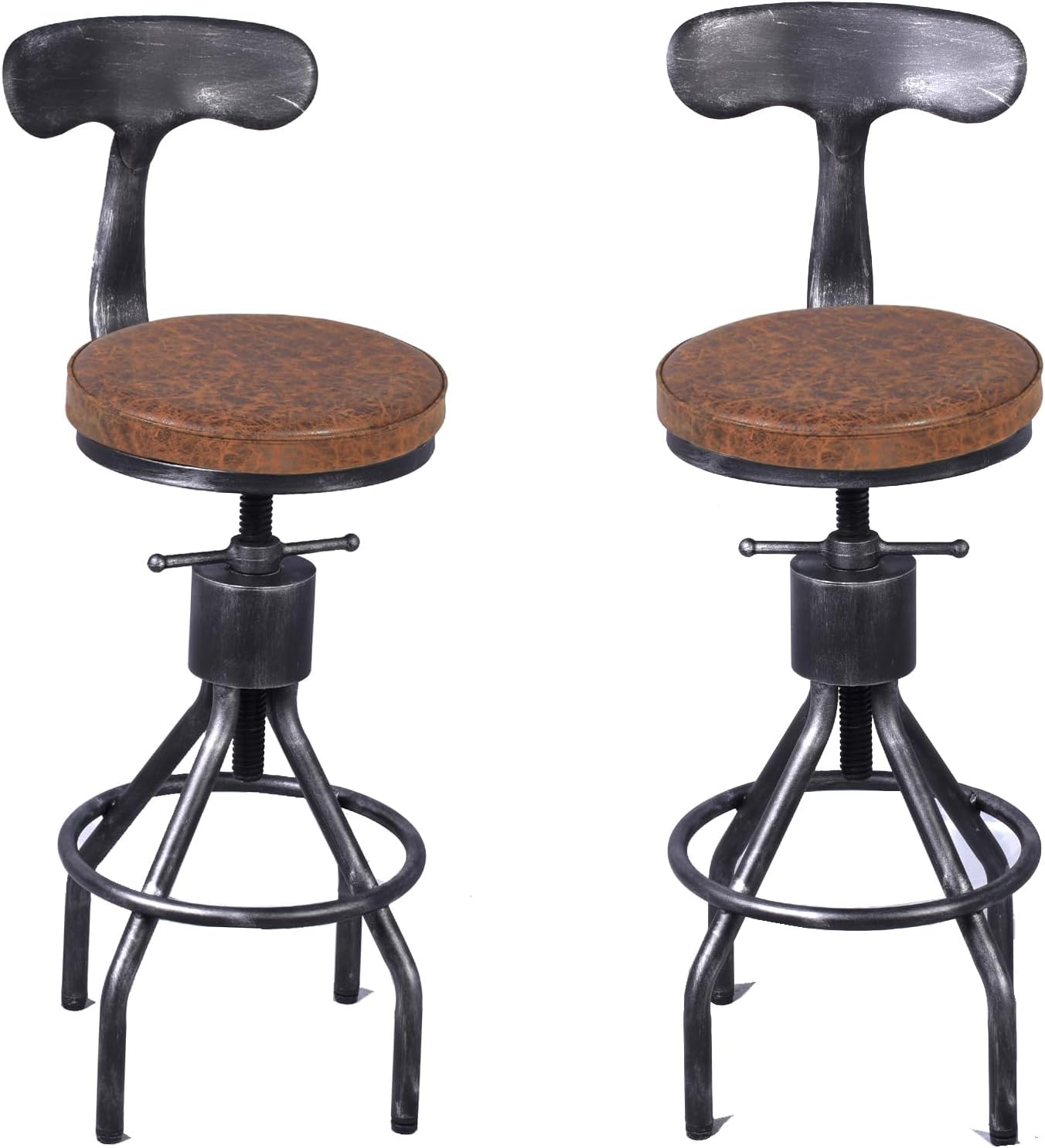 LOKKHAN Set of 2 Industrial Leather Bar Stools-Adjustable Swivel Metal Bar Stool-24-30 Tall Seat Height Counter Height to Bar Height-Kitchen Stool Dining Chair,Cafe Stools with with Backrest