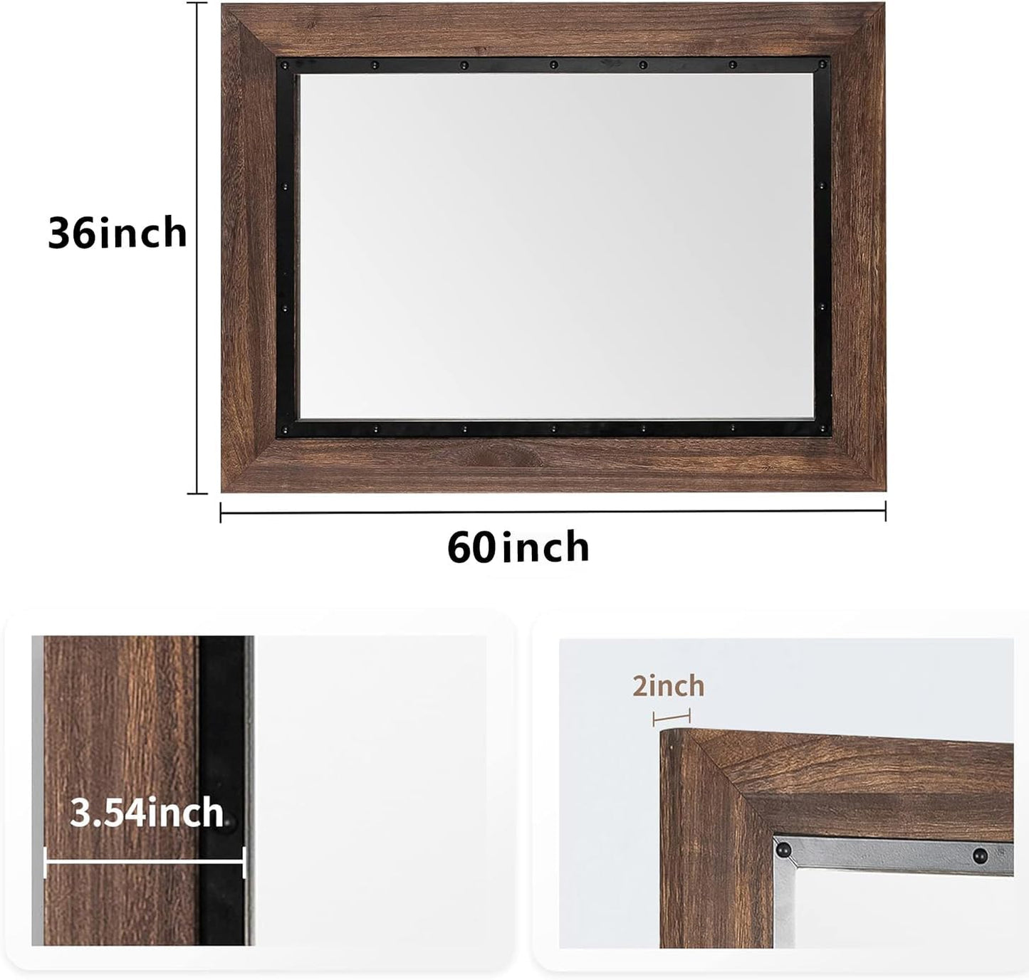 YOSHOOT Rustic Wooden Framed Wall Mirror, Natural Wood and Iron Bathroom Vanity Mirror for Farmhouse Decor, Vertical or Horizontal Hanging, 60" x 36", Brown