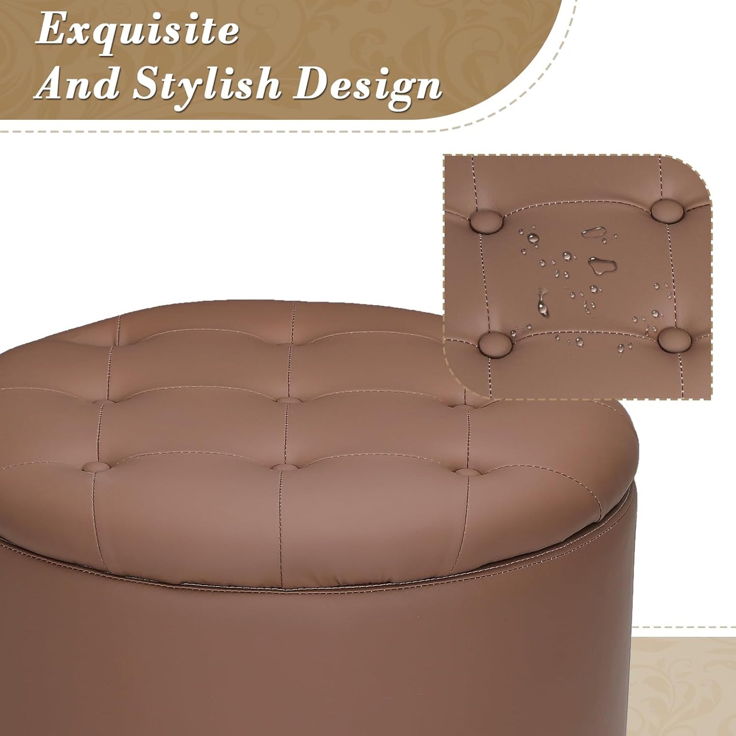 Athena Collection 24.5 Inch Small Ottoman with Storage, Round PU Leather Storage Ottoman Foot Rest with Removable Lid, Multipurpose Footstool Footrest for Livingroom, Bedroom, Dorm, Brown