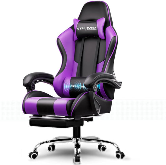 GTPLAYER Gaming Chair, Computer Chair with Footrest and Lumbar Support, Height Adjustable Game Chair with 360°-Swivel Seat and Headrest and for Office or Gaming (Faux Leather, Purple)
