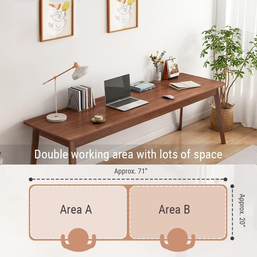 Mid-Century Long Desk Table - 71" Simple Modern Extra Long 2-Person Wood Computer Workstation for Home Office Work in Walnut, 71" W x 20" D