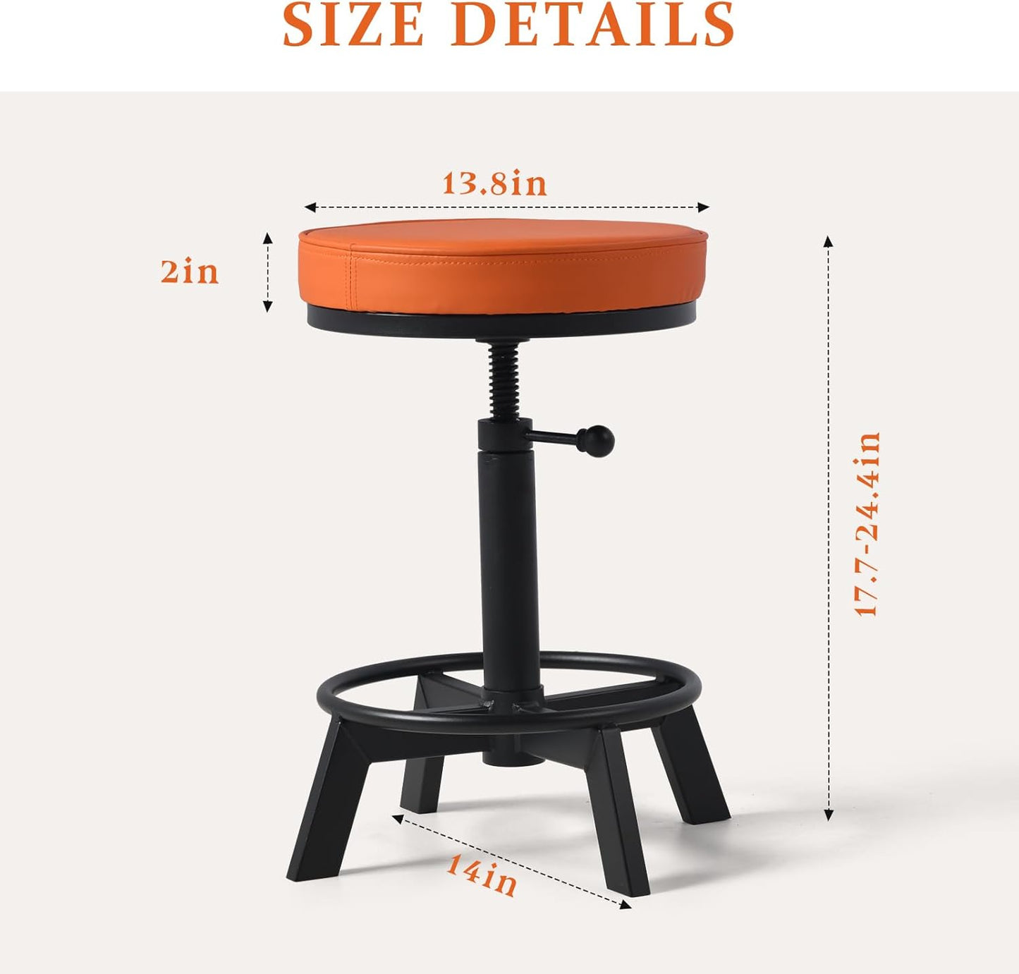 Vintage Short Bar Stools Industrial Swivel Counter Stools 17-24inch Height Adjustable Rustic Leather PU Seat Chairs for Kitchen Island Extra Seat Beside Sofa (Bright Orange)