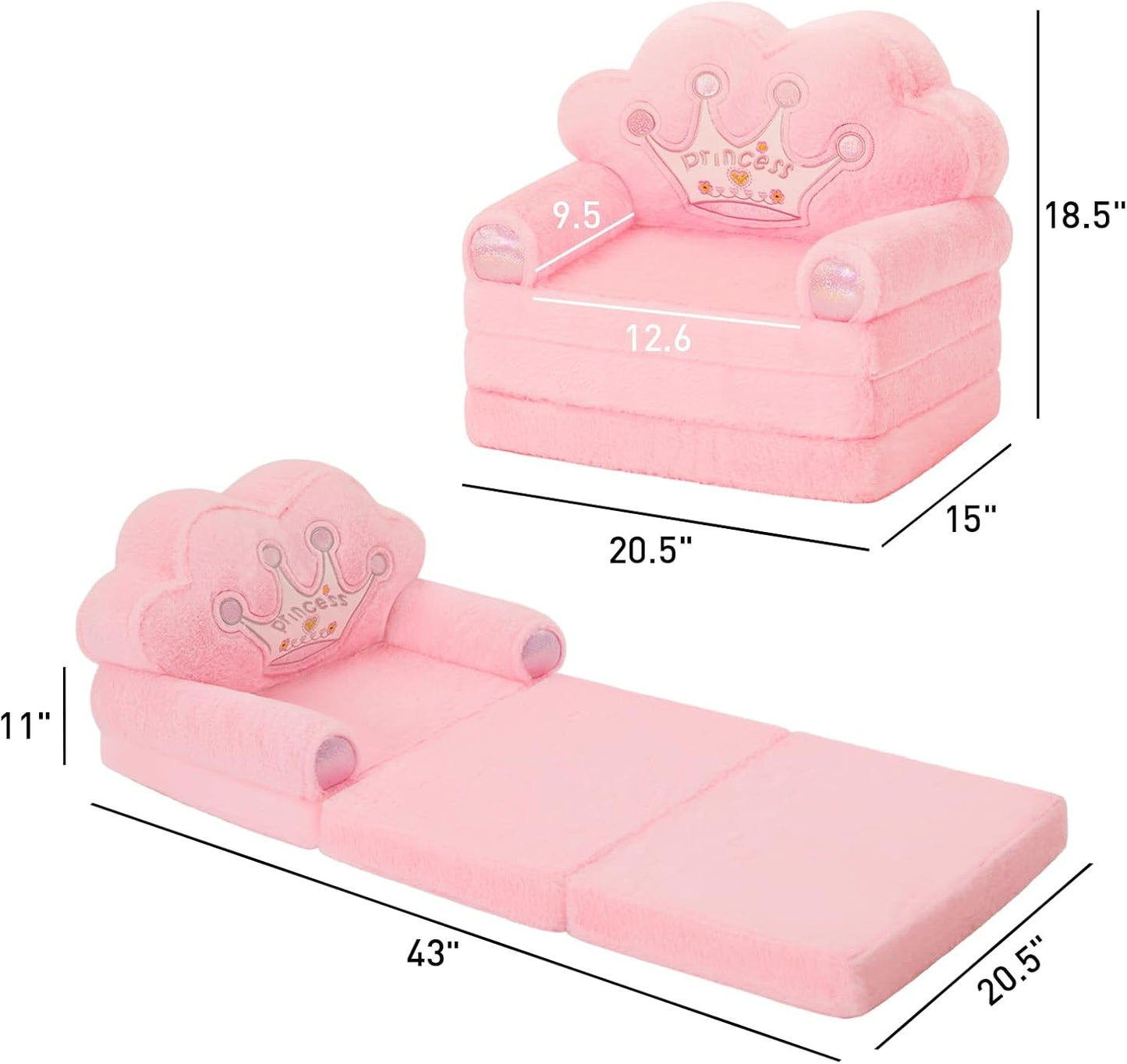 MOONBEEKI Toddler Chair Comfy，Foldable Princess Kids Couch for Girl, Toddler Recliners for Kids Over 18 Months, Baby Furniture for Bedroom and Playroom，Pink