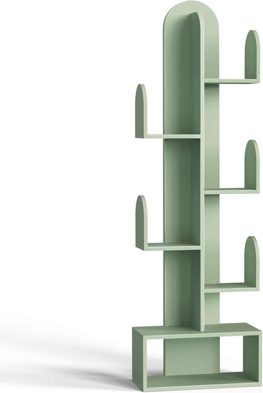 Cactus Tree Bookshelf, 5-Tier Wood 50" Tall Storage Rack for CDs/Movies/Books, Small Space-Saving Organizer Shelves for Living Room, Bedroom, Home Office (Mist Green)